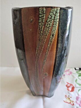 Vintage Raku Fired Drip Glaze Vase Signed "CB" 9 1/2" Tall 1970's